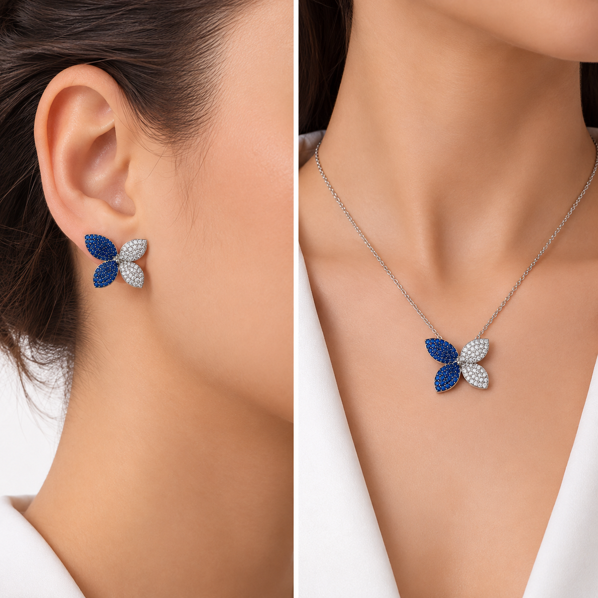 Butterfly Elegance — Blue Earring & Pendant Set | Pendant Without Chain