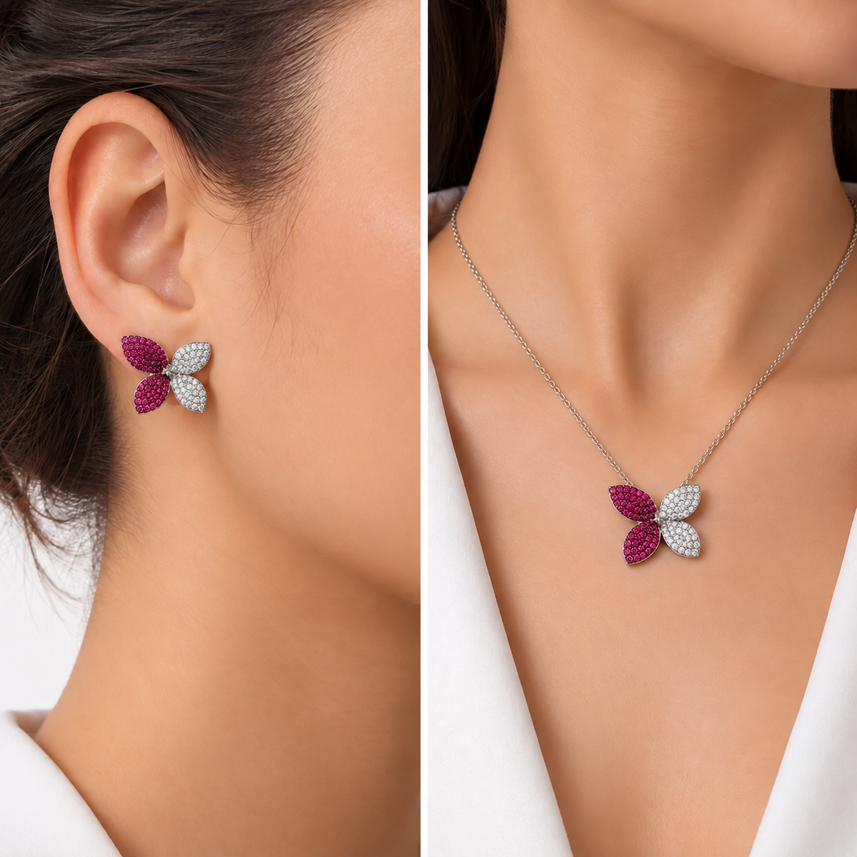 Butterfly Elegance — Pink Earring & Pendant Set | Pendant Without Chain