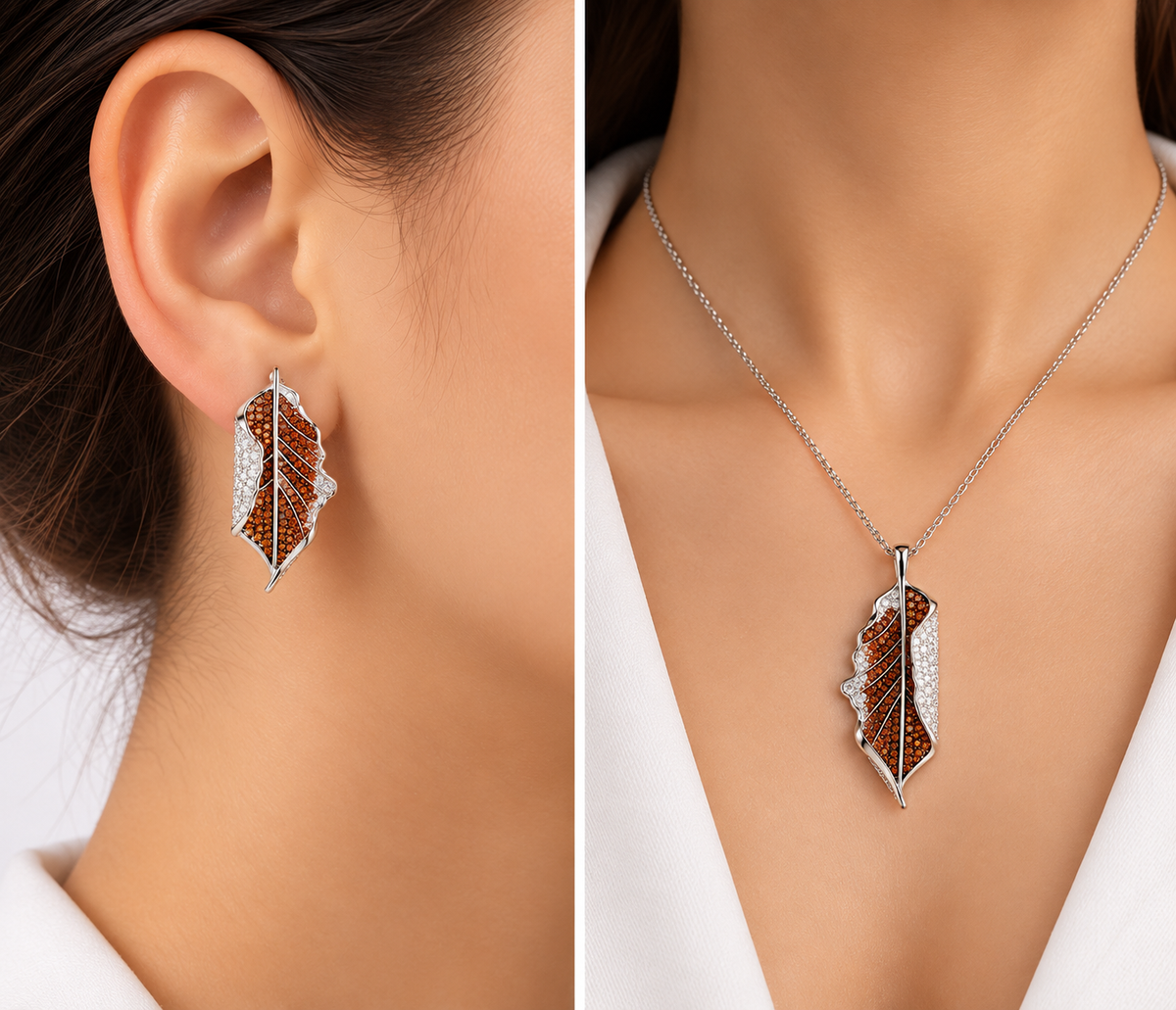 Silver & Amber Leaf - Earring & Pendant Duo | without chain
